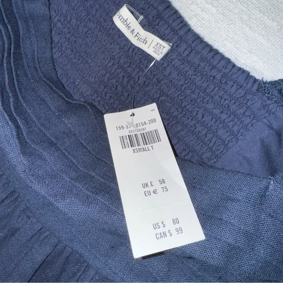 Abercrombie & Fitch NWT Navy Blue Smocked Puff Sleeve Linen Cotton Mini Dress XS - Picture 6 of 7